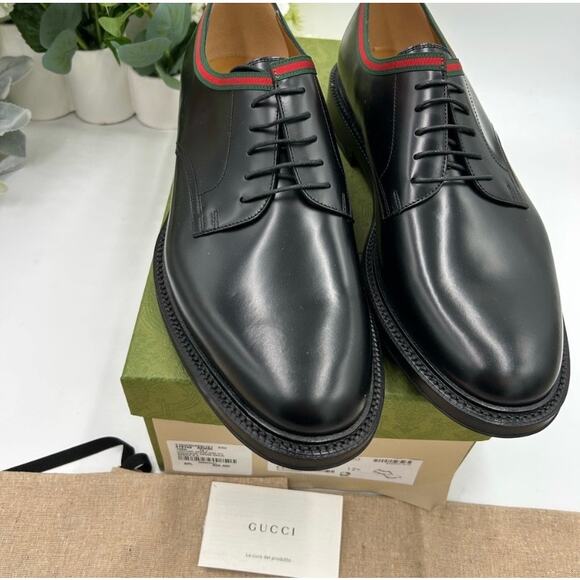 Men\'s Gucci Black Leather Derby Shoes with Green-Red Web Trim size 12.5 main image 8